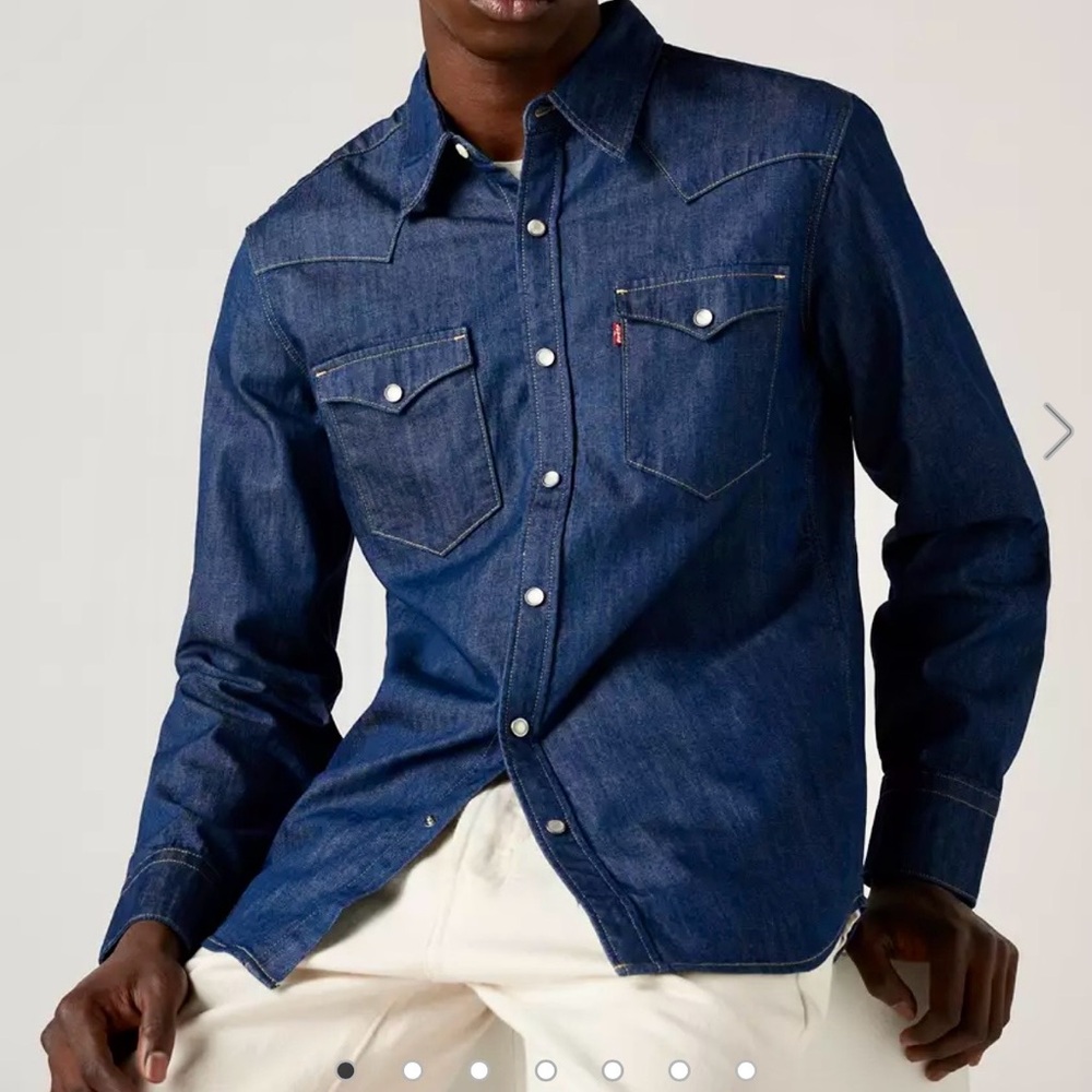 NWT‎ Levi's Premium Barstow Western Dark Denim Shirt Tailored Fit Size S $80